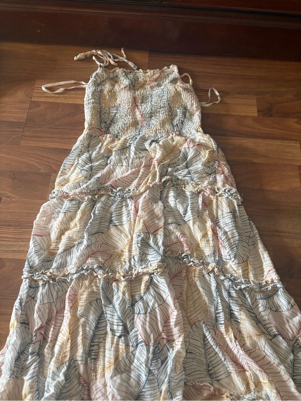 Boho Tiered Smocked Maxi Dress - Cream Leaf Print